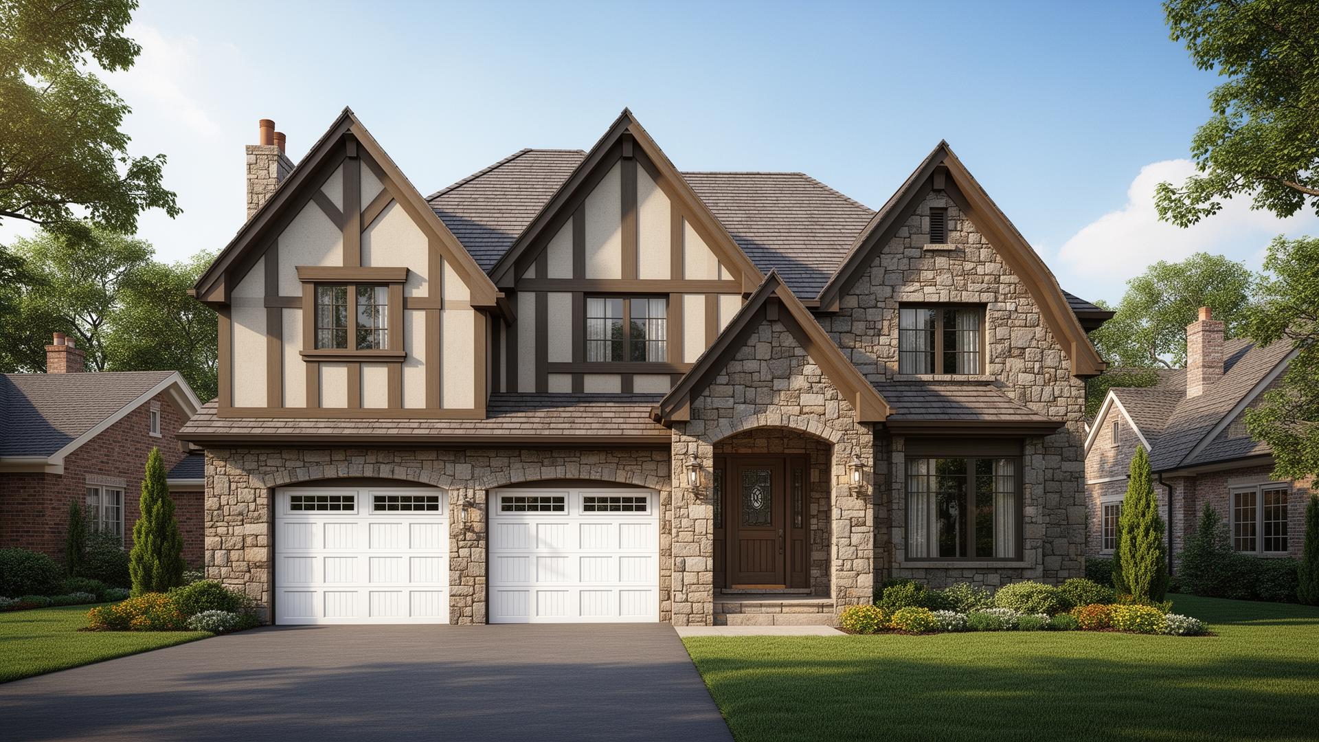 Professional white raised panel garage doors on Tudor style home in Gardiner Oregon